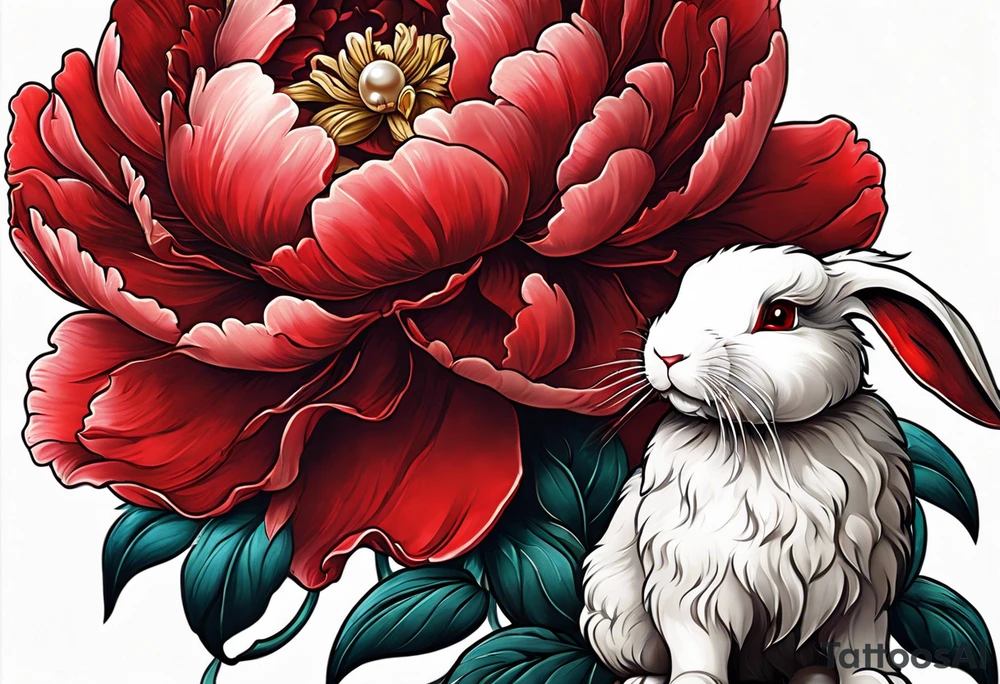 Red peony with a pearl necklace and a rabbit tattoo idea