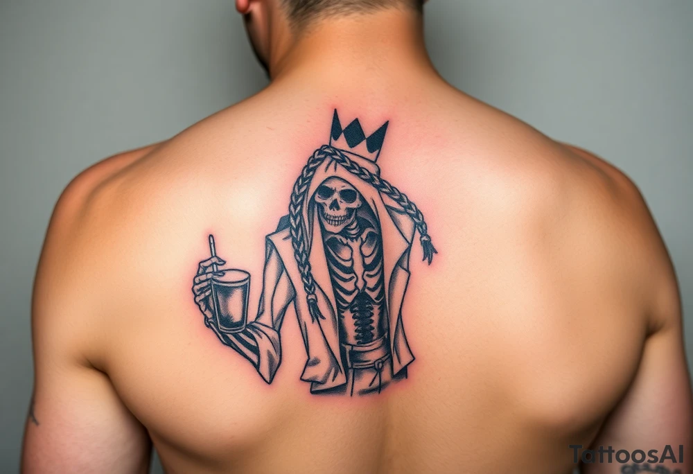 evil skeleton with braids in clothes getting drunk tattoo idea