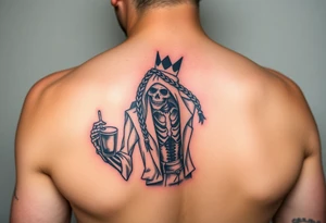 evil skeleton with braids in clothes getting drunk tattoo idea