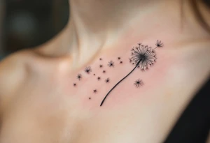 Windblown dandelion with translucent petals in pearl gray, blowing across the ribs into soft abstract shapes tattoo idea