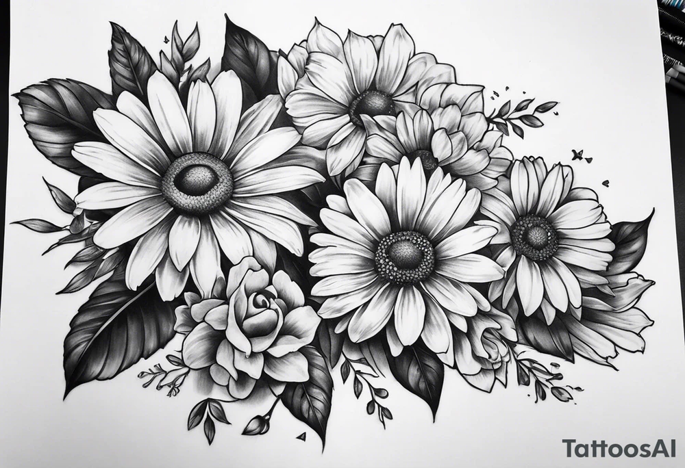 tattoo to represent that I have 3 children (girls). For inspiration I like flowers, the beach. Tattoo is for ribcage down side of body. I don't want images of women or girls in it. I want it pretty. To include daisy flowers, roses tattoo idea