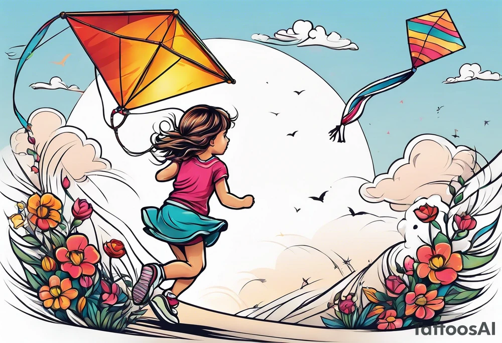 a little girl running away holding a kite tattoo idea