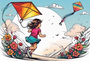 a little girl running away holding a kite tattoo idea