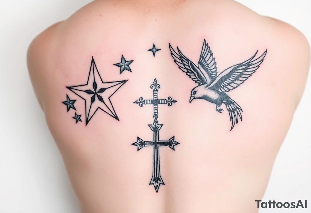 leg tattoo stars with birds and cross tattoo idea