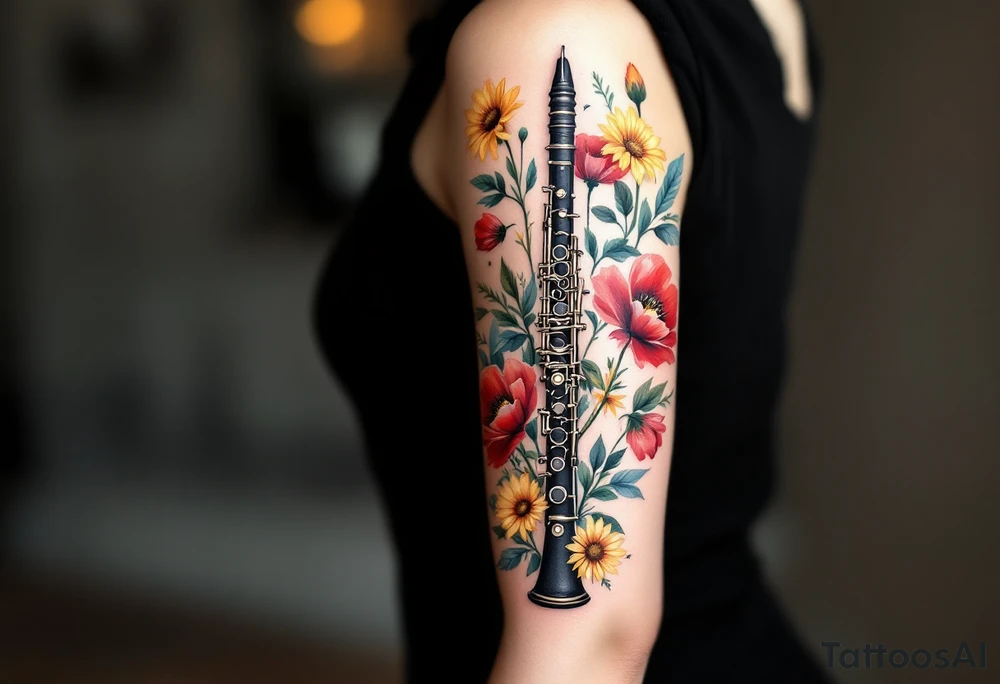 Clarinet and Floral Arrangement – A detailed black clarinet surrounded by a vibrant bouquet of flowers like red poppies, yellow daisies, and green leaves, symbolizing the blend of classical music and nature. tattoo idea