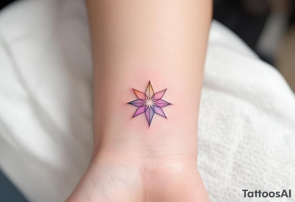 A pastel pink eight-pointed star tattoo reflects softness, hope, and inner light. tattoo idea