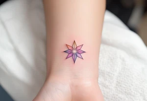 A pastel pink eight-pointed star tattoo reflects softness, hope, and inner light. tattoo idea