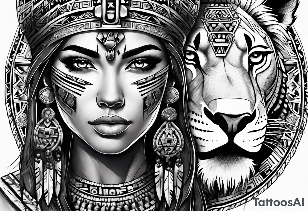 Aztec female warrior with aztec symbols in the background with a lion tattoo idea