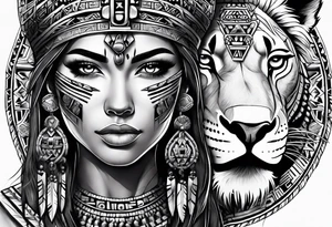 Aztec female warrior with aztec symbols in the background with a lion tattoo idea