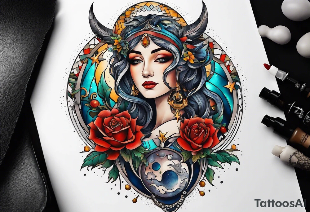 A tattoo design inspired by southern Italian folklore tales, incorporating mystical creatures and celestial objects such as moons and stars, reflecting the client's love for folklore and celestial objects. tattoo idea