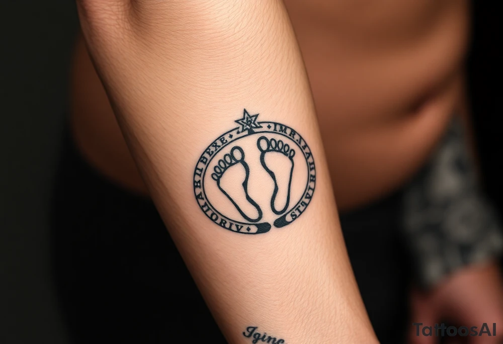 Tribal tattoo in ring/band with Ghanaian symbols as well jamaica incorporated with 4 baby foot prints tattoo idea