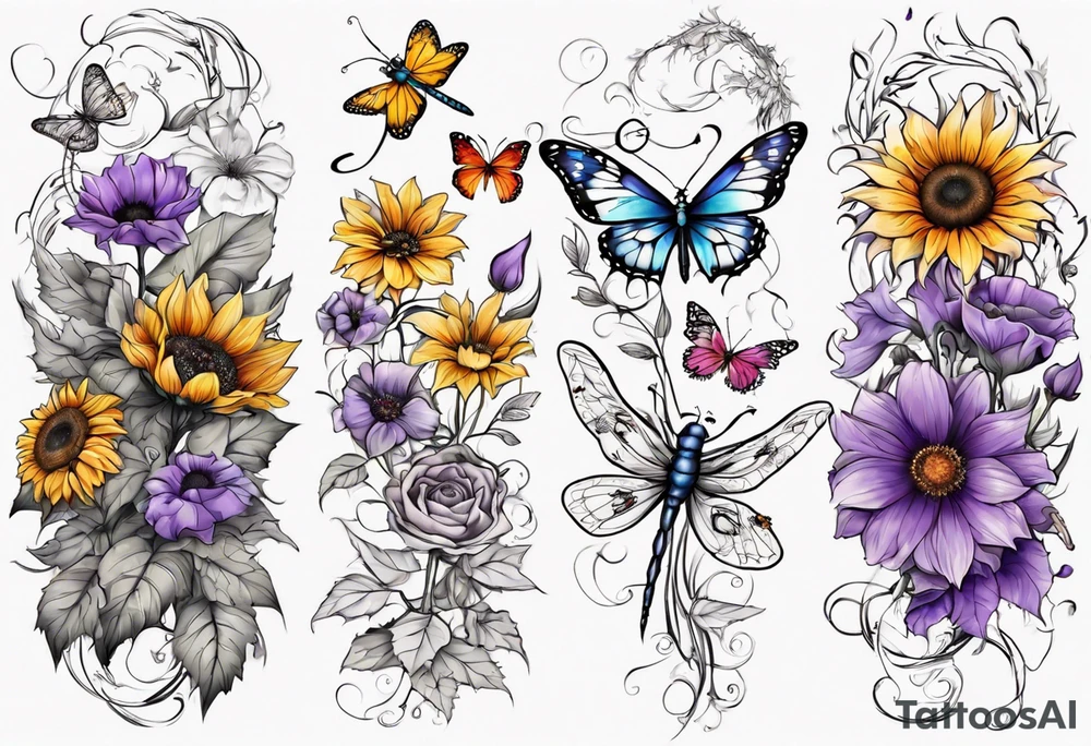 Arm sleeve, sunflowers, dragonflies, three cosmos flower, one violet, one carnation, vines , leaves and butterflies tattoo idea