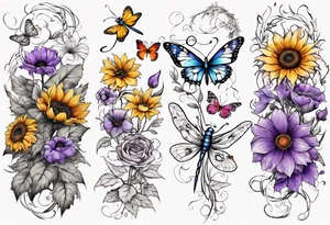 Arm sleeve, sunflowers, dragonflies, three cosmos flower, one violet, one carnation, vines , leaves and butterflies tattoo idea