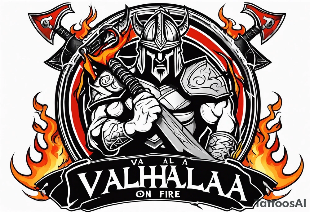 valhalla on fire sword shield axe warrior tattoo idea