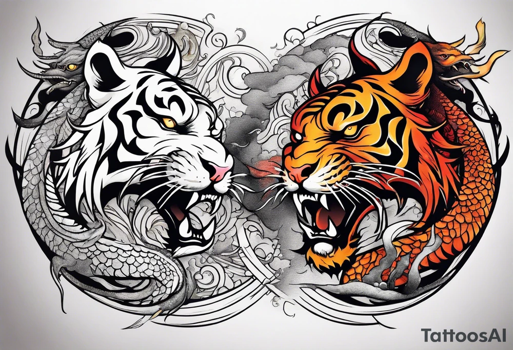 tiger vs dragon ying yang contrast tattoo idea