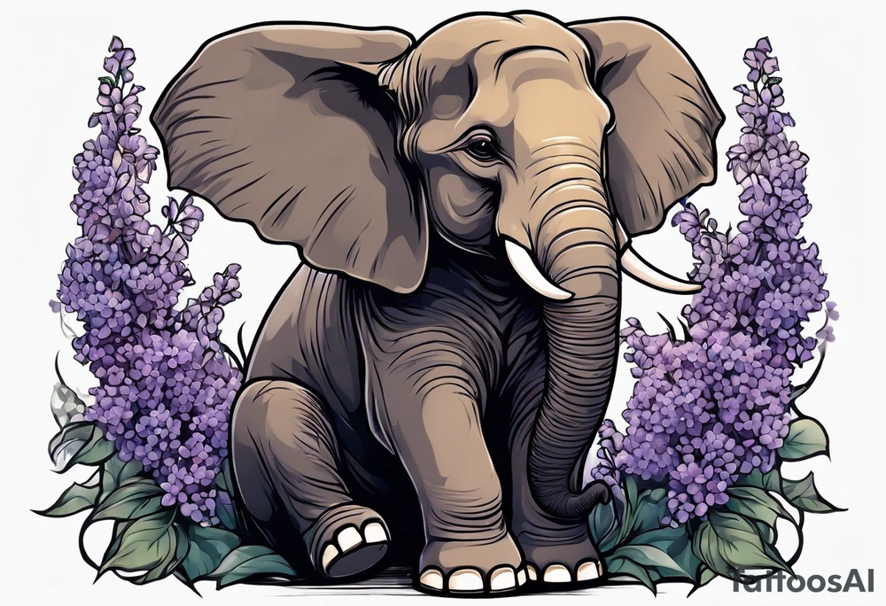 Seated elephant holding lilacs in trunk tattoo idea