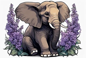 Seated elephant holding lilacs in trunk tattoo idea
