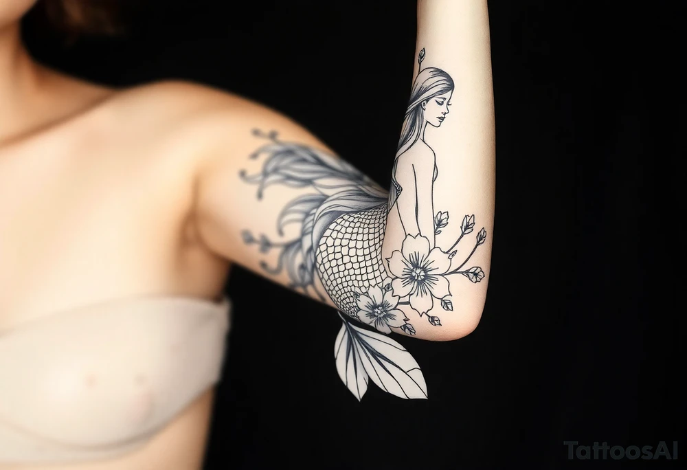 ethereal mermaid with flowing hair among coral and sea flowers tattoo idea