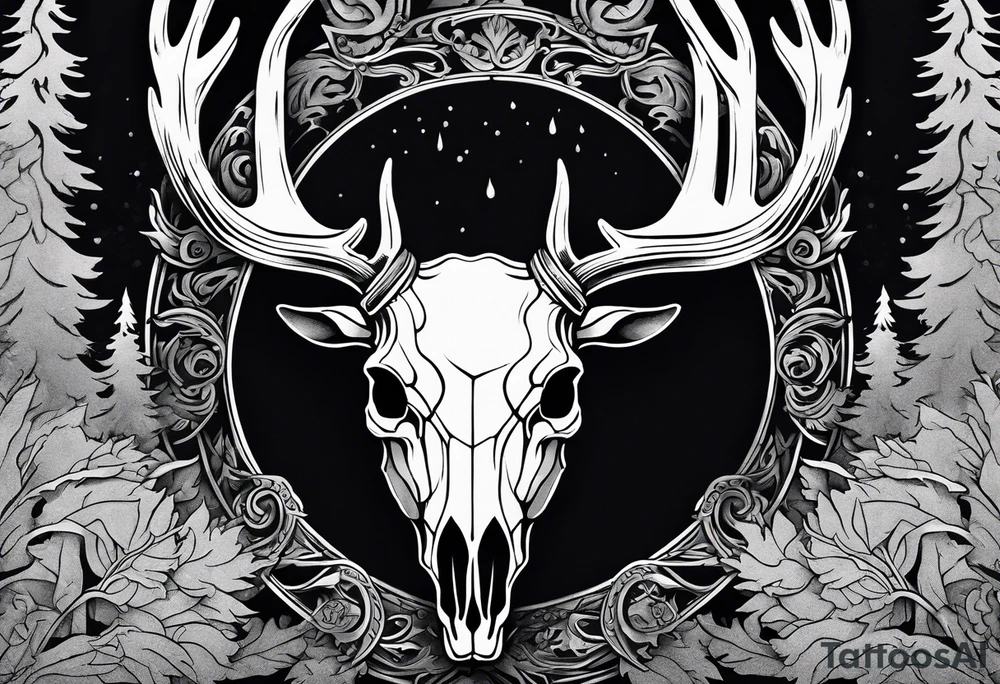 A frightening horror DECAYING deer skull JUST BONE side profile surrounded by a forest fire in background tattoo idea
