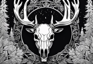 A frightening horror DECAYING deer skull JUST BONE side profile surrounded by a forest fire in background tattoo idea