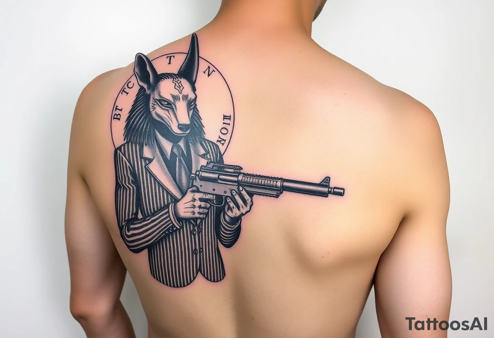 "Anubis in a 1920s gangster pinstripe suit, holding a tommy gun. His jackal head is half-cyborg (exposed circuits). Hieroglyph background spells 'BTC TO THE MOON'.  

Style: Art Deco meets cyber-Egyptian. Black/red/gold ink. Forearm sleeve." tattoo idea