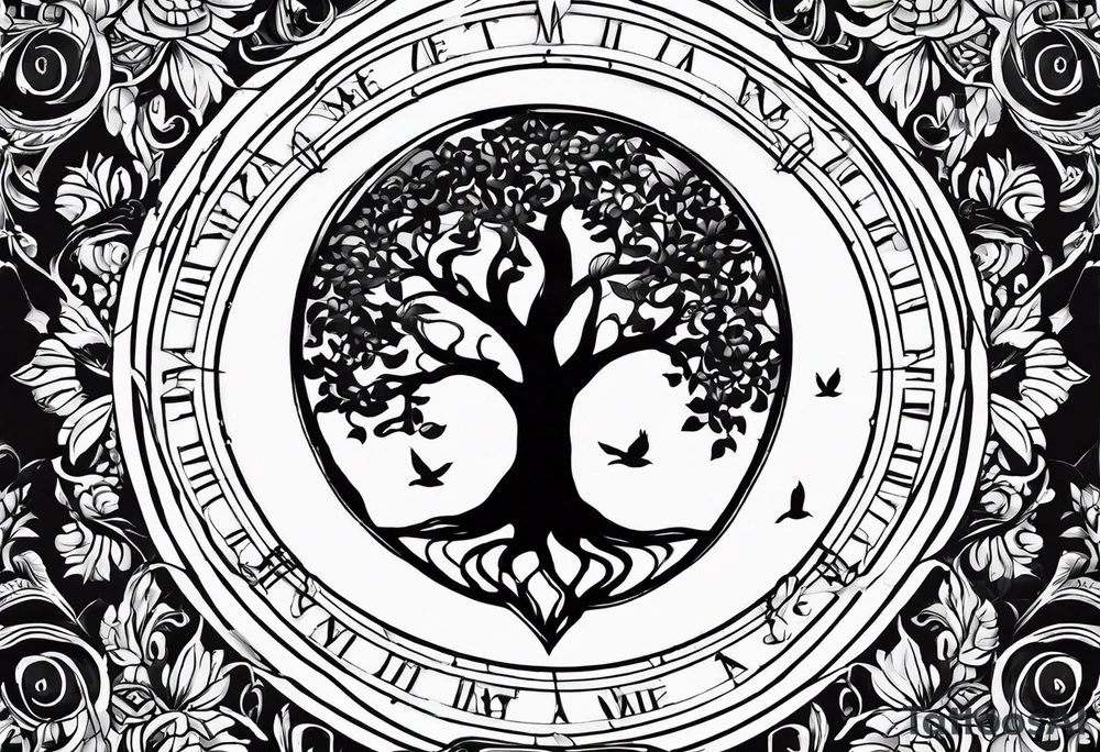Create me a tattoo only in black with thin lines with a tree of life in the middle, a compass above with GPS coordinates, three little birds from the music "three little birds" by Bob Marley. tattoo idea