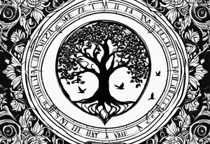 Create me a tattoo only in black with thin lines with a tree of life in the middle, a compass above with GPS coordinates, three little birds from the music "three little birds" by Bob Marley. tattoo idea