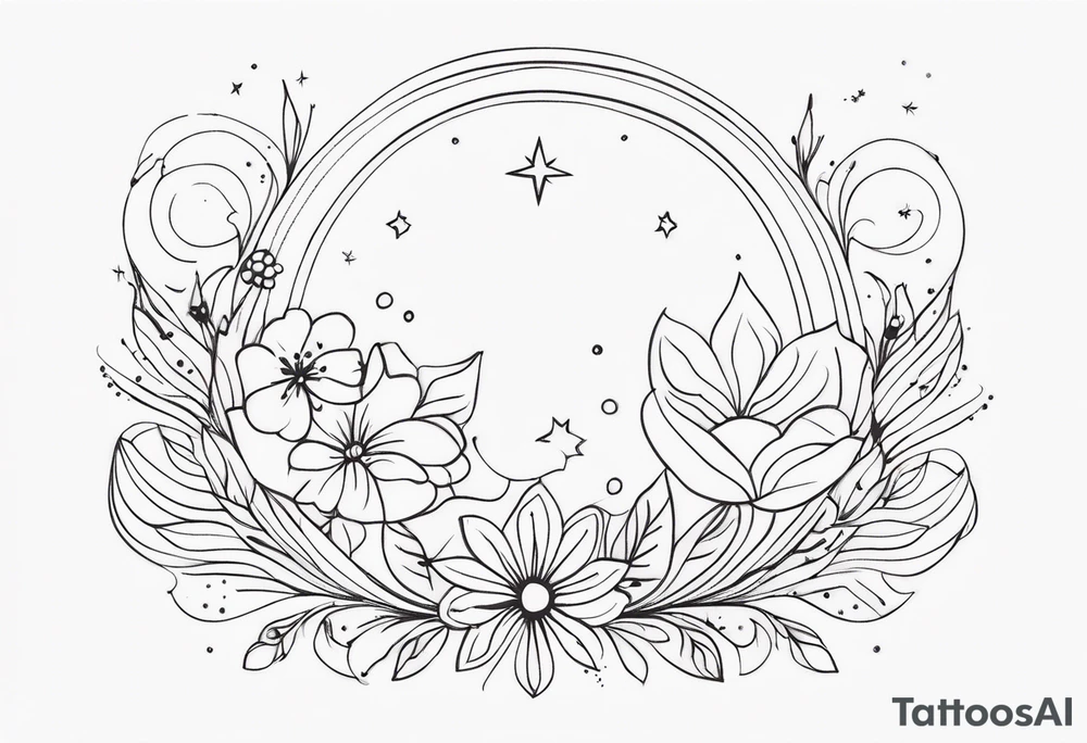 fine line floral with stars, swirls, dots tattoo idea
