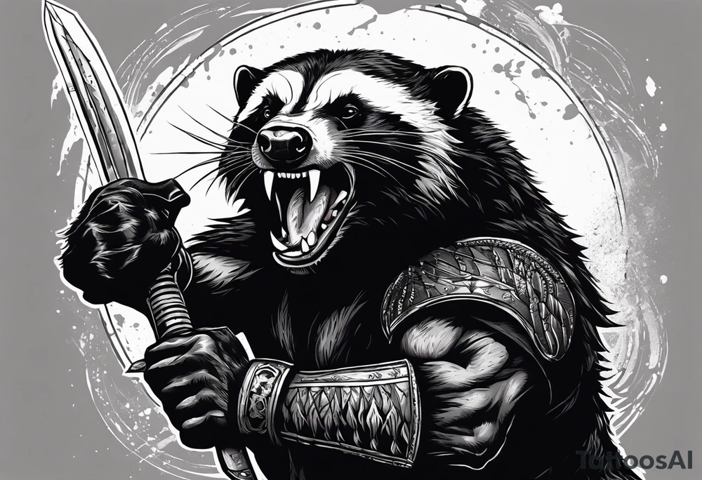 Draw me psychopath Fearless Honey Badger/Berserker with aggressive full body, killer face with a scary smile, very long nails and he attacks like a Bloody Assassin/Warrior/Gladiator to us and also, he has very deadly looking. He fights with his nails only. Everybody scares after their first sight. Give me horror type Badger Tattoo. I want to see his Realistic full body with no weapons. You can show destruction at the back. tattoo idea