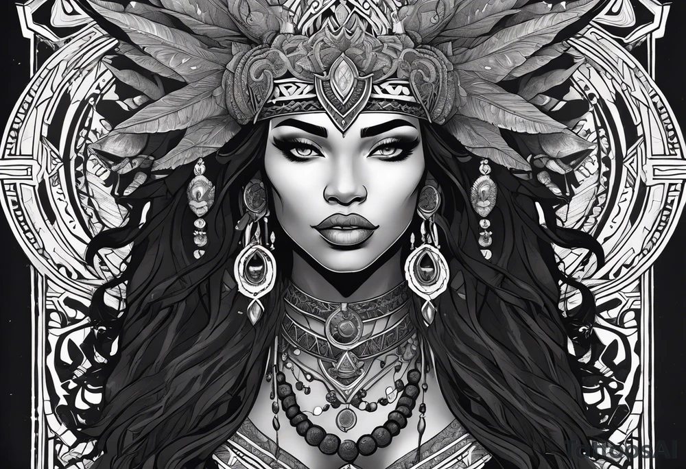 valkrye, kali, pirate, african goddess, , warrior, native american, lotus, zenza resonance, skulls, dragon, pachamama, left side face, chest, right wing, tattoo idea