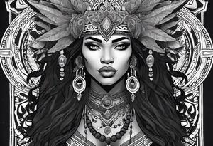 valkrye, kali, pirate, african goddess, , warrior, native american, lotus, zenza resonance, skulls, dragon, pachamama, left side face, chest, right wing, tattoo idea