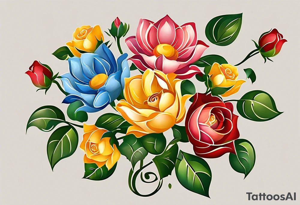 - Three flowers: Choose three different flowers to represent each of your children - a rose for Aniya, a sunflower for Amari, and a lotus for Ameer.
- Vines and leaves: Include intertwining vines and leaves to symbolize the growth and connection of your family. Arrange them so that Aniya's vine starts at the bottom, Amari's vine intertwines in the middle, and Ameer's vine wraps around the top.
- Birth times: Use roman numerals to represent the birth times of your children - "IV:LVII" (4:57 am), "VI:LII" (6:51 am), and "V:XXXIII" (5:33 am). Place them near the corresponding flower or within the vines. tattoo idea