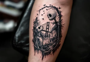 jack skellington with dog,smoking a blunt and fishing,surrounded by city buildings,golden gate bridge, birds, palm trees, tattoo idea