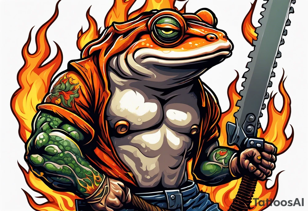 Angry Buff Bull frog holding a chainsaw surrounded by flames (wrist to bicep) with a husqvarna chainsaw tattoo idea