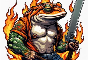 Angry Buff Bull frog holding a chainsaw surrounded by flames (wrist to bicep) with a husqvarna chainsaw tattoo idea