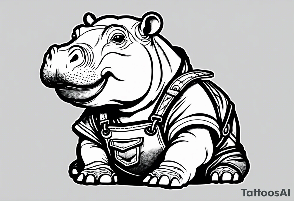 Baby hippo wearing overalls holding up his middle finger tattoo idea