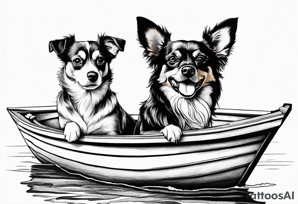 two dogs in a boat. One dog is a chihuahua with big ears. The other dog is a mutt that looks like an australian shepherd tattoo idea
