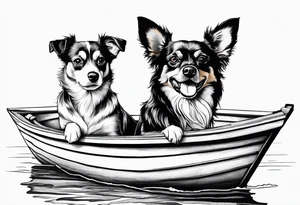 two dogs in a boat. One dog is a chihuahua with big ears. The other dog is a mutt that looks like an australian shepherd tattoo idea