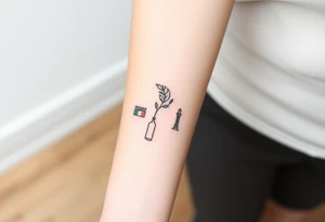 Nature tattoo mixing symbols of italy, Ireland, wales, and london in a linear, narrow for forearm tattoo with small pops of color tattoo idea