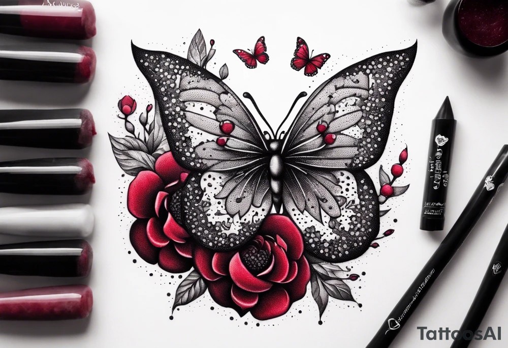 Flowers with "Ruby" in calligraphy font and butterflies around it tattoo idea