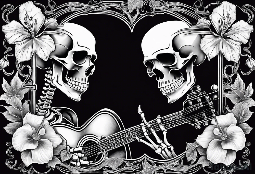 two skeletons. a female skeleton with hibiscus flower listening to a male skeleton play guitar . western style tattoo idea