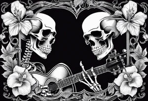 two skeletons. a female skeleton with hibiscus flower listening to a male skeleton play guitar . western style tattoo idea