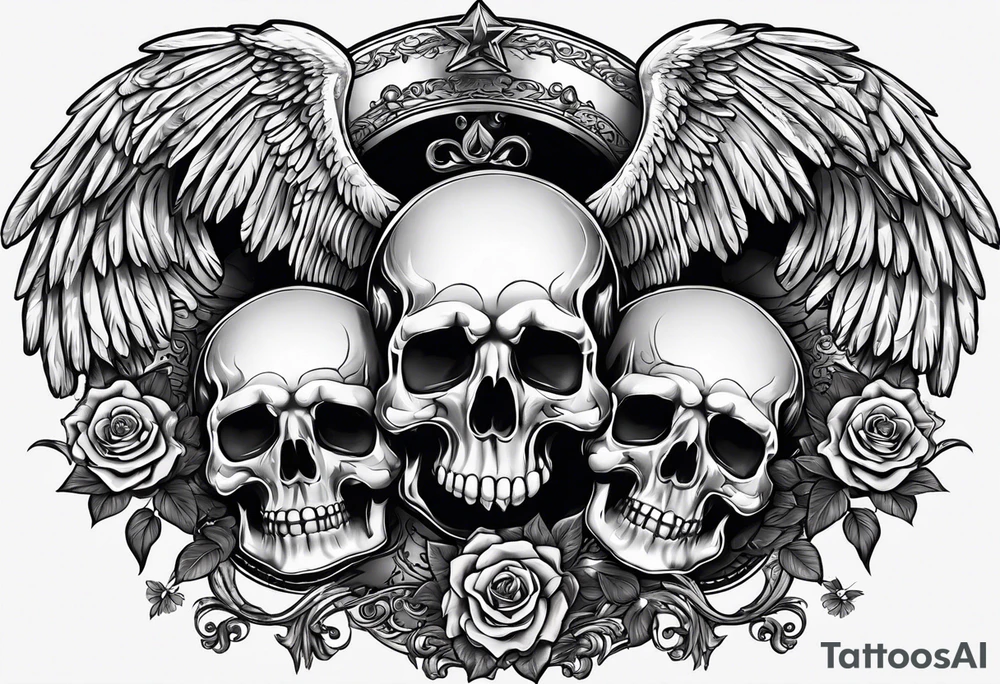 See no evil hear no evil speak no evil skulls go down the back with angel wings wrapped around the skulls tattoo idea