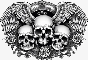 See no evil hear no evil speak no evil  skulls go down the back with angel wings wrapped around the skulls tattoo idea