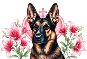realistic german shepherd with alert ears looking protective surrounded by pink lilies with leaves in front of a sacred heart tattoo idea