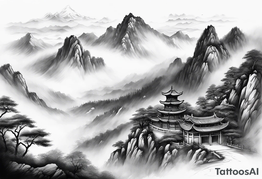 forearm sleeve traditional chinese art painting style autumn mountains mist fog water Chinese temple female with pony tail wearing robes meditating in the distance tattoo idea
