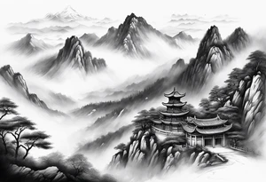 forearm sleeve traditional chinese art painting style autumn mountains mist fog water Chinese temple female with pony tail wearing robes meditating in the distance tattoo idea
