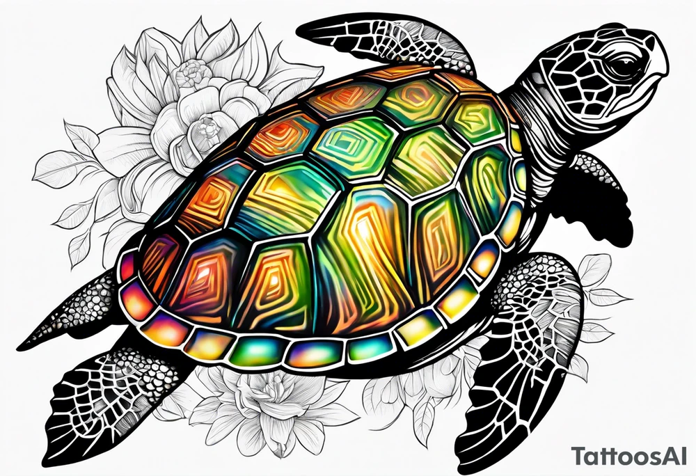 tropical psychedelic turtle, aerial view, from above, high perspective tattoo idea