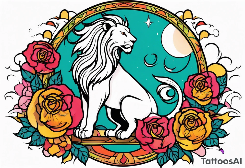 Lion phoenix rose moon tattoo idea