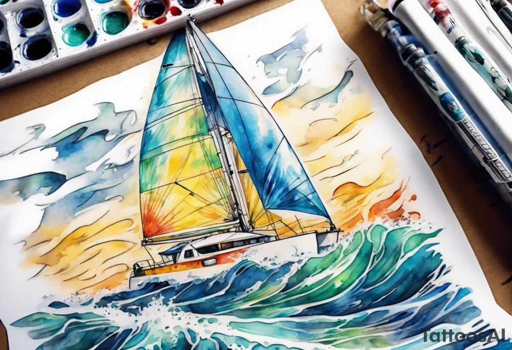 Sailing Catamaran in Rough weather and waves tattoo idea